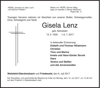 Traueranzeige von Gisela Lenz von Siegener Zeitung