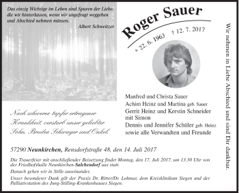 Traueranzeige von Roger Sauer von Siegener Zeitung