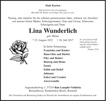 Traueranzeige von Lina Wunderlich von Siegener Zeitung