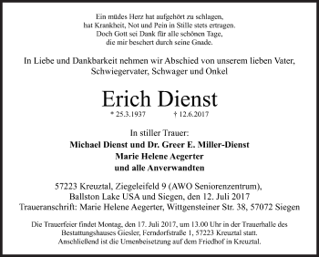 Traueranzeige von Erich Dienst von Siegener Zeitung