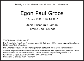 Traueranzeige von Egon Paul Groos von Siegener Zeitung