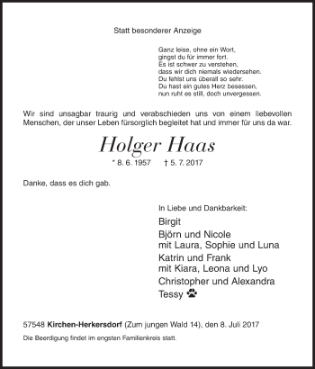 Traueranzeige von Holger Haas von Siegener Zeitung