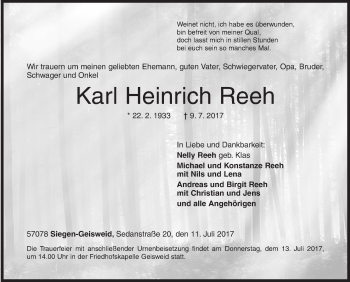 Traueranzeige von Karl Heinrich Reeh von Siegener Zeitung
