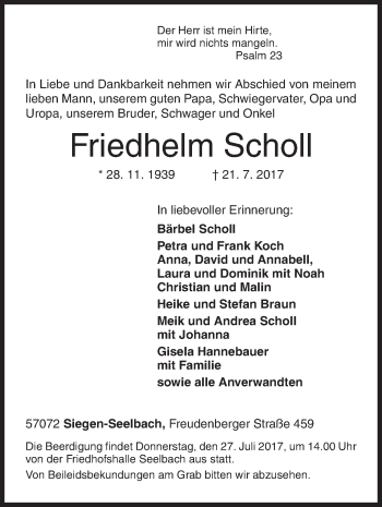 Traueranzeige von Friedhelm Scholl von Siegener Zeitung