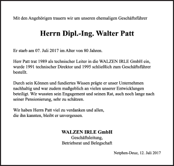 Traueranzeige von Walter Patt von Siegener Zeitung