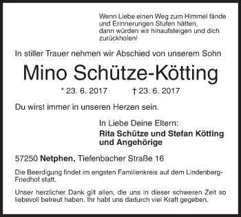 Traueranzeige von Mino Schütze-Kötting von Siegener Zeitung