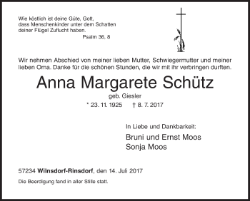 Traueranzeige von Anna Margarete Schütz von Siegener Zeitung