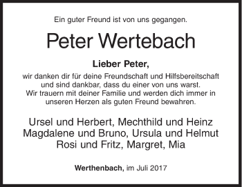 Traueranzeige von Peter Wertebach von Siegener Zeitung