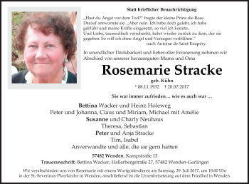 Traueranzeige von Rosemarie Stracke von Siegener Zeitung