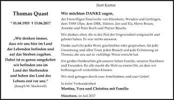 Traueranzeige von Thomas Quast von Siegener Zeitung