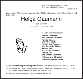 Traueranzeige von Helga Gaumann von Siegener Zeitung