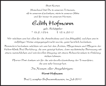 Traueranzeige von Edith Hofmann von Siegener Zeitung