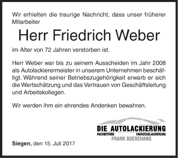 Traueranzeige von Friedrich Weber von Siegener Zeitung