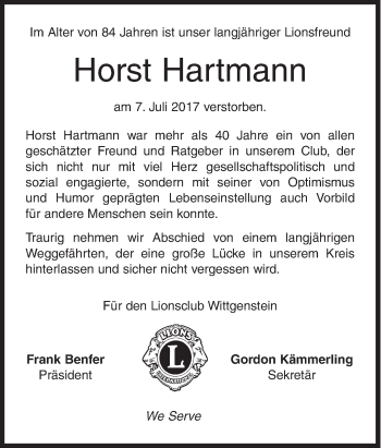 Traueranzeige von Horst Hartmann von Siegener Zeitung