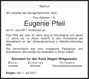 Traueranzeige von Eugenie Pfeil von Siegener Zeitung