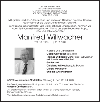 Traueranzeige von Manfred Willwacher von Siegener Zeitung