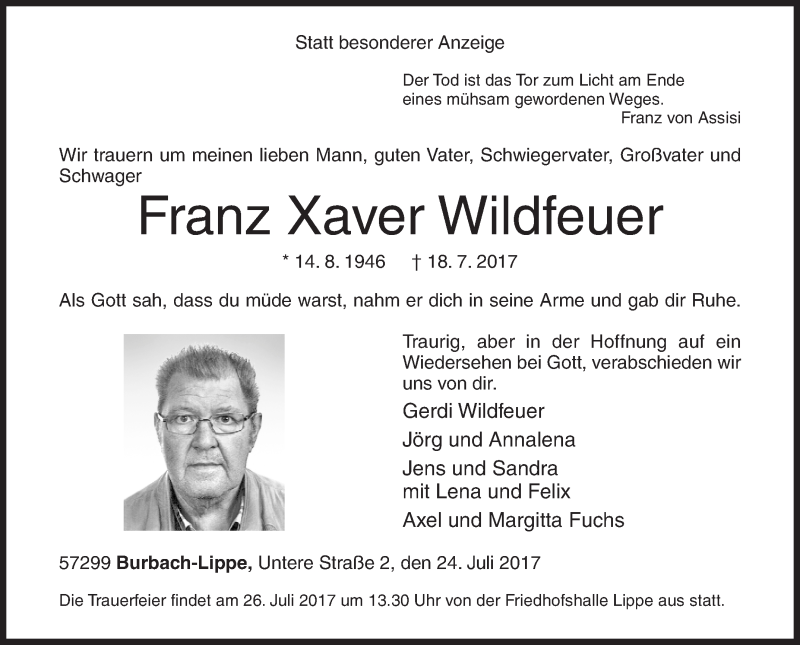  Traueranzeige für Franz Xaver Wildfeuer vom 24.07.2017 aus Siegener Zeitung