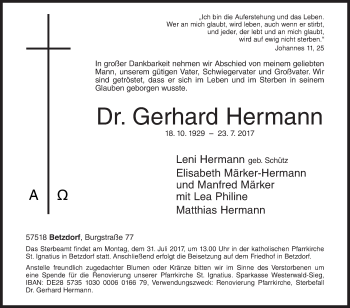 Traueranzeige von Gerhard Hermann von Siegener Zeitung
