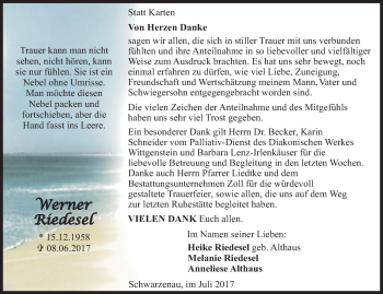 Traueranzeige von Werner Riedesel von Siegener Zeitung