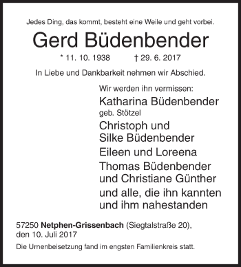 Traueranzeige von Gerd Büdenbender von Siegener Zeitung