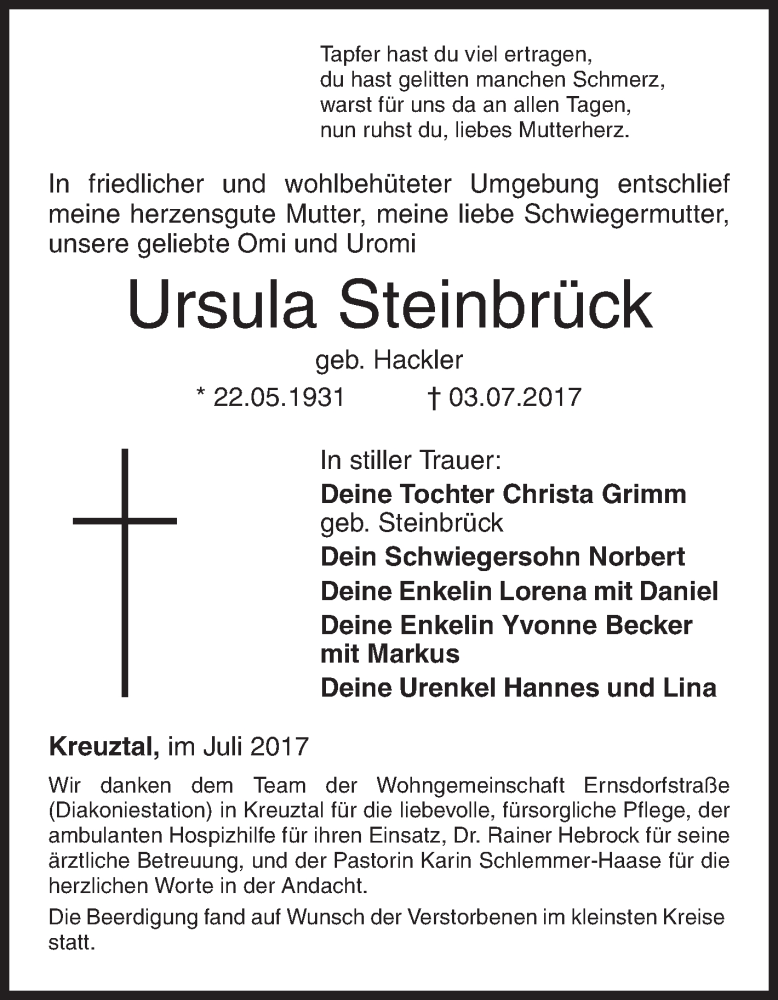  Traueranzeige für Ursula Steinbrück vom 10.07.2017 aus Siegener Zeitung