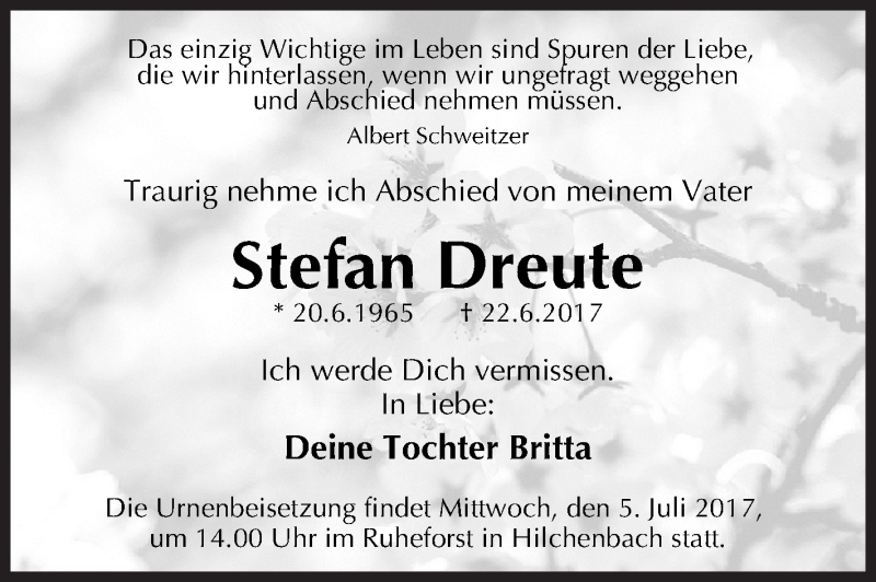  Traueranzeige für Stefan Dreute vom 01.07.2017 aus Siegener Zeitung