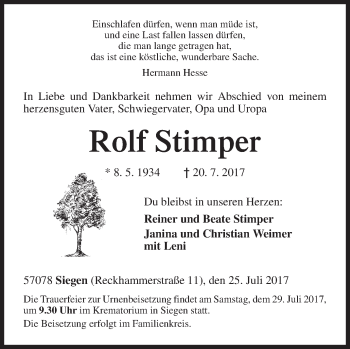 Traueranzeige von Rolf Stimper von Siegener Zeitung