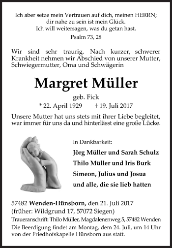 Traueranzeige von Margret Müller von Siegener Zeitung