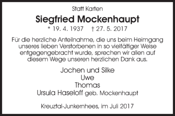 Traueranzeige von Siegfried Mockenhaupt von Siegener Zeitung