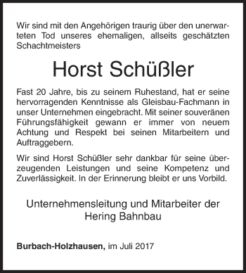 Traueranzeige von Horst Schüßler von Siegener Zeitung
