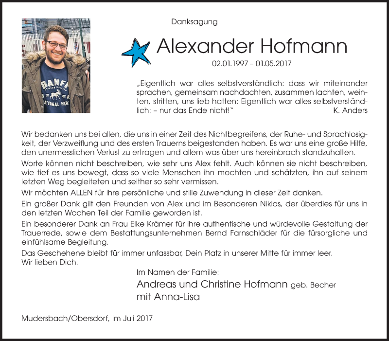  Traueranzeige für Alexander Hofmann vom 22.07.2017 aus Siegener Zeitung