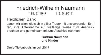 Traueranzeige von Friedrich Wilhelm Naumann von Siegener Zeitung
