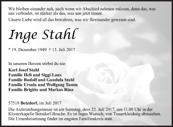 Traueranzeige von Inge Stahl von Siegener Zeitung