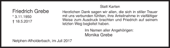 Traueranzeige von Friedrich Grebe von Siegener Zeitung