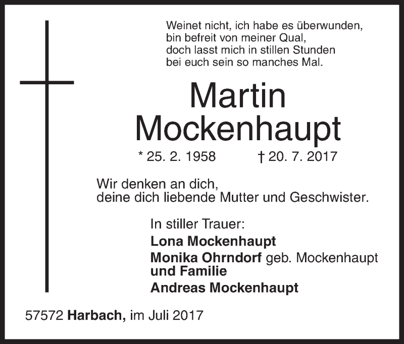  Traueranzeige für Martin Mockenhaupt vom 25.07.2017 aus Siegener Zeitung