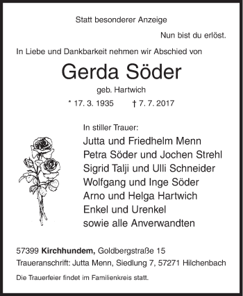 Traueranzeige von Gerda Söder von Siegener Zeitung