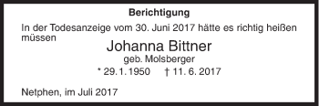 Traueranzeige von Johanna Bittner von Siegener Zeitung