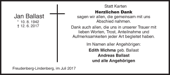 Traueranzeige von Jan Ballast von Siegener Zeitung