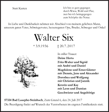 Traueranzeige von Walter Six von Siegener Zeitung