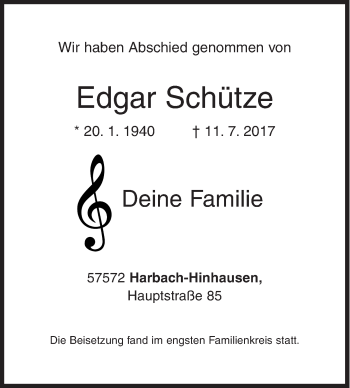 Traueranzeige von Edgar Schütze von Siegener Zeitung