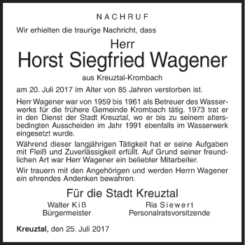 Traueranzeige von Horst Siegfried Wagener von Siegener Zeitung