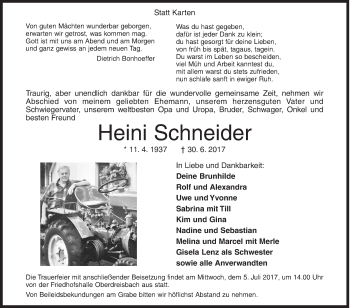 Traueranzeige von Heini Schneider von Siegener Zeitung
