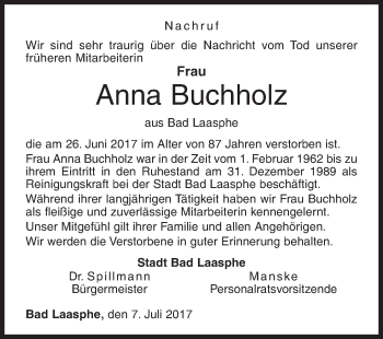 Traueranzeige von Anna Buchholz von Siegener Zeitung