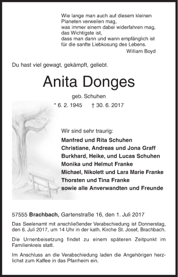 Traueranzeige von Anita Donges von Siegener Zeitung