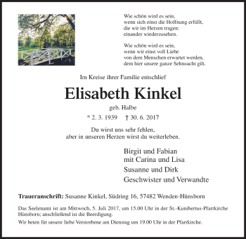 Traueranzeige von Elisabeth Kinkel von Siegener Zeitung