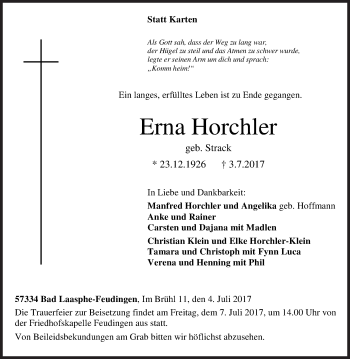 Traueranzeige von Erna Horchler von Siegener Zeitung
