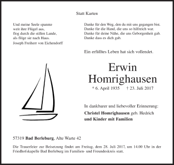 Traueranzeige von Erwin Homrighausen von Siegener Zeitung