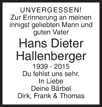 Traueranzeige von Hans Dieter Hallenberger von Siegener Zeitung
