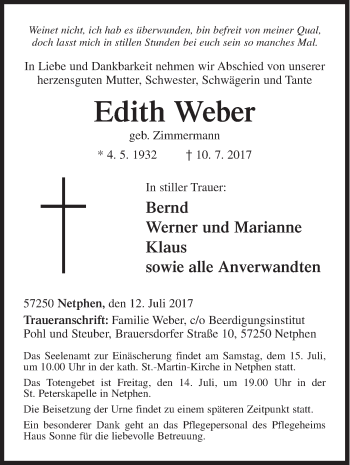 Traueranzeige von Edith Weber von Siegener Zeitung