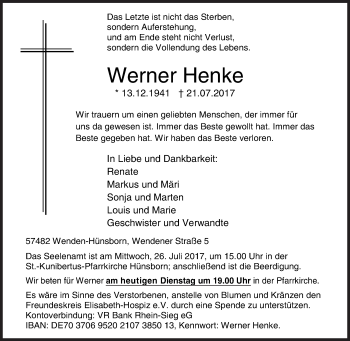 Traueranzeige von Werner Henke von Siegener Zeitung